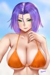  1girl artist_name bikini blue_background breasts cleavage collarbone easonx eyes_visible_through_hair genderswap genderswap_(mtf) green_eyes hair_between_eyes halterneck hand_up highres james_(pokemon) large_breasts light_smile looking_at_viewer nail_polish orange_bikini pokemon purple_hair simple_background solo swimsuit upper_body 