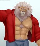  anthro body_hair chest_hair clay_calloway_(sing) clothed clothing hair hi_res illumination_entertainment jabuhusky male muscular muscular_anthro muscular_male nipples partially_clothed pubes red_clothing sing_(movie) solo white_hair 
