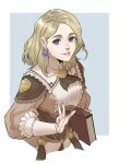  1girl blonde_hair book brown_dress commentary dress earrings fire_emblem fire_emblem:_three_houses fire_emblem_warriors:_three_hopes frills highres holding holding_book jewelry lips looking_at_viewer medium_hair mercedes_von_martritz official_alternate_hairstyle parted_lips pink_lips purple_eyes radiostarkiller smile solo 