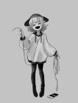  1girl :d audio_jack boots cable closed_eyes commentary earphones facing_viewer full_body greyscale hat holding holding_cable hood hoodie komeiji_koishi long_sleeves matsumoto_oka medium_hair monochrome pantyhose phone smile solo standing touhou usb 