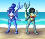  anthro areola areola_slip beach big_breasts bikini blue_body blue_eyes blue_hair breasts clothing duo eyewear female female/female fin fish fish_tail green_body green_eyes green_hair hair hi_res mackerel_(fish) marine nipple_outline pattern_bikini pattern_clothing pattern_swimwear sandels scombrid scombriform sea seaside sprucy striped_bikini striped_clothing striped_swimwear stripes sunglasses swimwear water 