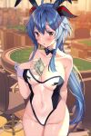  1girl :o ahoge aile_(crossroads) alternate_costume animal_ears between_breasts black_bow black_bowtie blackjack_table blue_hair blush bow bowtie breasts casino chair cleavage collarbone covered_navel detached_collar eyebrows_visible_through_hair ganyu_(genshin_impact) genshin_impact goat_horns groin hand_on_own_chest highleg highleg_leotard highres horns large_breasts leotard light_particles long_hair looking_at_viewer money no_legwear orange_eyes parted_lips playboy_bunny rabbit_ears see-through see-through_leotard sidelocks solo translucent_bunnysuit wrist_cuffs yen 