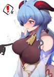  ! 10eki_(tenchou) 1girl 1other @_@ absurdres ahoge bangs bare_shoulders bell black_gloves blue_hair blush breast_poke breasts chinese_knot covered_nipples detached_sleeves embarrassed flower_knot full-face_blush ganyu_(genshin_impact) genshin_impact gloves gold_trim highres horns large_breasts long_hair looking_at_another looking_to_the_side motion_lines neck_bell nipple_tweak poking purple_eyes sidelocks sweatdrop tearing_up upper_body vision_(genshin_impact) white_background white_sleeves 