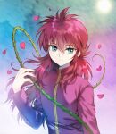  1boy carnelian commentary_request eyebrows_visible_through_hair green_eyes hair_between_eyes jacket kurama_(yu_yu_hakusho) long_sleeves looking_at_viewer male_focus petals pink_jacket red_hair rose_petals school_uniform simple_background smile solo upper_body yu_yu_hakusho 