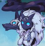  1girl black_mask closed_mouth commentary floating furry furry_female gradient gradient_background green_background green_eyes grey_hair hand_up horned_mask kindred_(league_of_legends) lamb_(league_of_legends) league_of_legends long_hair mask phantom_ix_row shiny shiny_hair smile wolf_(league_of_legends) 