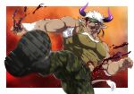  1boy animal_ears bara black_footwear blood blood_on_clothes blood_on_face blood_on_hands blood_splatter boots border brown_fur camouflage camouflage_pants chest_hair cow_ears cow_horns facial_hair foot_out_of_frame furry furry_male goatee green_tank_top highres horns male_focus minotaur motion_blur muscular muscular_male outside_border pants purple_eyes purple_horns shennong_(housamo) shirt solo tank_top tokyo_afterschool_summoners torn_clothes torn_shirt white_border white_hair yanai_inaya 
