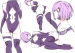  1girl absurdres arms_behind_back ass ass_visible_through_thighs bodysuit breasts cleavage collarbone contrapposto elbow_gloves fate/grand_order fate_(series) from_behind from_side gloves hair_over_one_eye highres kimuwaipu lying mash_kyrielight multiple_views navel on_side parted_lips purple_eyes purple_hair short_hair shoulder_blades sketch solo thighhighs thighs 