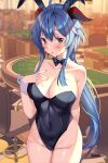  1girl :o ahoge aile_(crossroads) alternate_costume animal_ears black_bow black_bowtie black_leotard blackjack_table blue_hair blush bow bowtie breasts casino chair cleavage collarbone covered_navel detached_collar eyebrows_visible_through_hair ganyu_(genshin_impact) genshin_impact goat_horns groin hand_on_own_chest highleg highleg_leotard highres horns large_breasts leotard light_particles long_hair looking_at_viewer no_legwear orange_eyes parted_lips playboy_bunny rabbit_ears sidelocks solo wrist_cuffs 