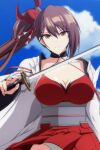  1girl anime_coloring asymmetrical_hair azur_lane black_choker blue_sky breasts brown_hair choker cleavage day dress flower hair_flower hair_ornament holding holding_sword holding_weapon japanese_clothes kimono large_breasts long_hair looking_at_viewer makiri_akira metal_belt outdoors panties pantyshot red_dress red_flower short_dress side_ponytail sky solo sword underwear weapon white_kimono white_panties wide_sleeves yellow_eyes zuikaku_(azur_lane) 