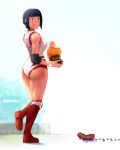  1girl absurdres ant artist_name ass black_hair boots breasts bug chips eating elbow_pads english_commentary food full_body highres hot_dog leotard looking_down medium_breasts nadeshiko_(street_fighter) outdoors quasimodox red_footwear short_hair standing street_fighter street_fighter_v street_fighter_zero_(series) white_leotard wrestling_outfit wrist_cuffs 