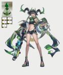  1girl absurdres bangs bare_legs bikini black_hair black_shorts full_body green_bikini green_eyes green_hair hair_between_eyes highres holding holding_water_gun horns jacket long_hair long_sleeves looking_at_viewer multiple_horns navel off_shoulder open_clothes open_jacket open_mouth original puffy_long_sleeves puffy_sleeves rhine_(overtonerhine) sandals shorts simple_background solo standing stomach swimsuit uneven_eyes very_long_hair water_gun 