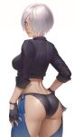 1girl :p angel_(kof) ass bangs black_gloves blue_eyes breasts chaps cheshirrr commentary cowboy_shot cropped_jacket dimples_of_venus fingerless_gloves from_behind gloves hair_over_one_eye hand_on_hip highres large_breasts looking_at_viewer looking_back midriff one_eye_covered short_hair simple_background smile solo the_king_of_fighters thighs tongue tongue_out white_background white_hair 