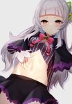  1girl arm_behind_back bangs blunt_bangs blush bow bowtie breasts capelet commentary_request dutch_angle grey_background grey_hair hair_bun highres hololive long_hair long_sleeves murasaki_shion navel orange_eyes simple_background small_breasts solo stomach upper_body v-shaped_eyebrows virtual_youtuber yukisuke_(user_gtmm7833) 