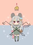  1girl animal_ears basket bow capelet dowsing_rod full_body grey_hair holding jewelry long_sleeves looking_at_viewer mouse_ears mouse_tail nazrin open_mouth shirt short_hair skirt solo sparkle standing striped tail teeth touhou upper_teeth yaco_(nuitnotte) 