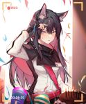  1girl absurdres animal_ear_fluff animal_ears arknights bangs birthday birthday_cake black_gloves black_hair cake chinese_commentary commentary_request confetti cowboy_shot crossed_bangs ear_piercing fingerless_gloves food gloves hand_up highres id_card jacket light_blush long_hair looking_up open_mouth out_of_frame party_popper piercing purple_eyes recording sidelocks solo_focus standing sweatdrop texas_(arknights) tobunchudoku viewfinder white_jacket wolf_ears 
