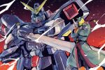  1boy aqua_eyes arm_blade coat commentary crossed_arms g_gundam gundam gundam_spiegel highres kare_(0621utak) katana male_focus mask mecha mobile_suit schwarz_bruder science_fiction sword v-fin weapon weapon_on_back 