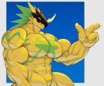  abs anthro armor bandai_namco bulkmon digimon featureless_crotch green_eyes headgear helmet male muscular muscular_anthro muscular_male pecs scalie solo yellow_body zhangkuu 