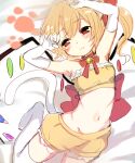  1girl :3 animal_ears armpits arms_up bangs bare_shoulders bed_sheet bell blonde_hair bloomers blush bow cat_ears cat_tail choker closed_mouth crop_top crystal elbow_gloves eyebrows_visible_through_hair fang fang_out flandre_scarlet from_above gloves hair_ribbon kemonomimi_mode looking_to_the_side lying midriff navel no_hat no_headwear on_back one_side_up paragasu_(parags112) red_bow red_eyes red_ribbon ribbon ribbon_choker short_hair shorts side_ponytail smile solo stomach tail thighhighs touhou underwear white_gloves white_legwear wings 