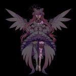  1girl angel_wings barefoot black_background bow breasts cone_hair_bun detached_collar detached_sleeves dress english_commentary full_body hen-tie heterochromia highres ironmouse jewelry looking_at_viewer medium_breasts official_art pink_bow pink_eyes pink_hair purple_eyes purple_hair single_thighhigh smile solo thigh_strap thighhighs toe_ring virtual_youtuber vshojo white_dress wings 