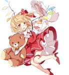  1girl :o back_bow bangs blonde_hair blush bow clothing_cutout crystal eyebrows_visible_through_hair fang flandre_scarlet frilled_sleeves frills full_body gloves hair_ribbon high_heels highres looking_back medium_hair no_hat no_headwear object_hug one_side_up open_mouth paragasu_(parags112) puffy_short_sleeves puffy_sleeves red_eyes red_footwear red_ribbon red_skirt red_vest ribbon shirt short_sleeves shoulder_cutout simple_background skirt skirt_set solo stuffed_animal stuffed_toy teddy_bear touhou vest white_background white_bow white_gloves white_shirt wings 
