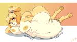  animal_crossing anthro belly big_belly big_breasts blush breasts canid canine canis domestic_dog female fur hand_on_stomach isabelle_(animal_crossing) lying mammal nintendo nipples on_side rumbling_stomach sweettastyvore video_games vore yellow_body yellow_fur 