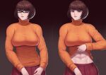  1girl abs absurdres bob_cut breasts brown_hair clothes_lift glasses highres large_breasts red_eyes scooby-doo shirt_lift short_hair skirt speedl00ver sweater toned turtleneck turtleneck_sweater velma_dace_dinkley 