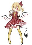  1girl bangs blonde_hair blush crystal dress eyebrows_visible_through_hair flandre_scarlet full_body hair_between_eyes hair_ribbon hand_up laevatein_(tail) looking_at_viewer neck_ribbon no_hat no_headwear no_shoes one_side_up open_mouth paragasu_(parags112) red_dress red_eyes red_ribbon ribbon shirt short_hair simple_background sketch skirt_hold sleeveless sleeveless_shirt solo standing striped striped_dress striped_legwear tail thighhighs touhou vertical-striped_dress vertical-striped_legwear vertical_stripes white_background wings yellow_legwear yellow_ribbon 