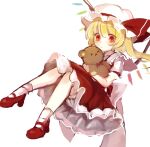  1girl back_bow bangs blonde_hair blush bow closed_mouth collared_shirt crystal eyebrows_visible_through_hair flandre_scarlet frilled_shirt_collar frilled_skirt frilled_sleeves frills frown full_body hair_between_eyes hat hat_ribbon holding holding_stuffed_toy looking_at_viewer mary_janes mob_cap one_side_up paragasu_(parags112) puffy_short_sleeves puffy_sleeves red_eyes red_ribbon red_skirt red_vest ribbon shirt shoes short_hair short_sleeves simple_background skirt skirt_set solo stuffed_animal stuffed_toy teddy_bear touhou vest white_background white_bow white_headwear white_legwear white_shirt wings 