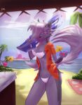  anthro beach beverage black_nose bra breasts canid canid_demon chest_tuft claws clothing demon detailed_background eyewear female fingers fluffy fluffy_tail fur grey_body grey_fur gun hellhound helluva_boss inner_ear_fluff looking_at_viewer loona_(helluva_boss) mammal multicolored_body multicolored_fur panties ranged_weapon seaside smile snowflakesheep solo sunglasses tuft underwear weapon 