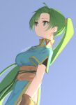  1girl bangs blue_background blue_dress brown_gloves character_request commentary dated_commentary dress earrings fire_emblem fire_emblem:_the_blazing_blade gloves green_eyes green_hair jewelry long_hair lyn_(fire_emblem) ponytail short_sleeves skeptycally solo very_long_hair 