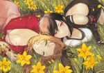  2girls aerith_gainsborough arm_guards black_hair black_skirt bracelet breasts brown_eyes brown_hair cheek-to-cheek cleavage dress fadingz final_fantasy final_fantasy_vii final_fantasy_vii_remake flower grass green_eyes heads_together jacket jewelry lily_(flower) looking_at_viewer miniskirt multiple_girls pink_dress red_jacket skirt smile suspenders tank_top tifa_lockhart unaligned_breasts 