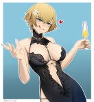  1girl :q artist_name bare_arms bare_shoulders black_dress blonde_hair blue_eyes blush breasts cleavage_cutout clothing_cutout cowboy_shot darkpulsegg dress drink dutch_angle girls&#039;_frontline hair_ornament heart highres holding large_breasts mole mole_on_breast mole_under_eye official_alternate_costume parted_lips short_hair side_slit simple_background sleeveless snowflake_hair_ornament thigh_strap tongue tongue_out vsk-94_(girls&#039;_frontline) vsk-94_(night_on_the_silver_bay)_(girls&#039;_frontline) 
