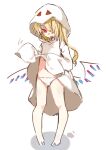  1girl bangs barefoot blonde_hair blush crystal dress flandre_scarlet full_body hair_over_one_eye hood medium_hair no_pupils one_side_up open_mouth panties pantyshot paragasu_(parags112) red_eyes simple_background sketch sleeves_past_fingers sleeves_past_wrists solo standing touhou underwear white_background white_dress white_panties wings 
