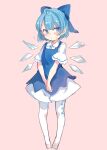  1girl ahoge bangs blue_bow blue_dress blue_eyes blue_hair blush bow cirno closed_mouth collared_shirt dress expressionless eyebrows_visible_through_hair flat_chest flying_sweatdrops full_body hair_bow highres ice ice_wings looking_to_the_side own_hands_together pantyhose paragasu_(parags112) pigeon-toed pinafore_dress puffy_short_sleeves puffy_sleeves shiny shiny_hair shirt short_dress short_hair short_sleeves simple_background solo standing sweatdrop touhou v_arms wavy_hair white_background white_legwear white_shirt wings 