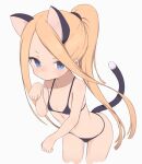  :/ abigail_williams_(fate) animal_ears bangs bikini black_bikini blonde_hair blue_eyes blush cat_ears cat_girl cat_tail cowboy_shot cropped_legs fate/grand_order fate_(series) flat_chest gamuo high_ponytail long_hair parted_bangs paw_pose ponytail sidelocks simple_background sweatdrop swimsuit tail very_long_hair white_background 