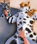 5_fingers absurd_res anthro felid fingers foxzor fur hi_res human jaguar looking_at_viewer lying male mammal on_back orange_body orange_fur pantherine photo pink_nose redraw slightly_chubby solo spots spotted_body spotted_fur watermark whiskers white_body white_fur 