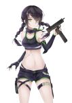  1girl bangs black_gloves black_hair black_shorts black_sports_bra braid breasts clark_(159123) cleavage closed_mouth collarbone elbow_gloves eyebrows_visible_through_hair feet_out_of_frame girls&#039;_frontline gloves green_eyes gun highres holding holding_gun holding_weapon holster long_hair looking_at_viewer low_twintails mac-10 mac-10_(girls&#039;_frontline) medium_breasts navel scar scar_across_eye scar_on_neck scar_on_stomach scarf shorts solo sports_bra standing submachine_gun twin_braids twintails weapon white_background 