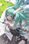  1girl :d absurdres asymmetrical_bodysuit bangs black_bodysuit bodysuit breasts commentary confetti covered_navel eyebrows_behind_hair flag goodsmile_racing green_eyes green_hair hair_between_eyes hatsune_miku headgear highres holding holding_flag jacket long_hair looking_at_viewer racing_miku racing_miku_(2022) revision shoe_soles small_breasts smile solo tooku0 twintails very_long_hair vocaloid white_jacket 