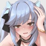  1girl @_@ azur_lane bangs black_choker black_dress blue_hair blush bracelet breasts brown_eyes choker dress essex_(azur_lane) essex_(craft_fairytail)_(azur_lane) eyebrows_visible_through_hair grey_background hair_ribbon jewelry long_hair looking_at_viewer medium_breasts moa_cere necklace official_alternate_costume open_mouth ribbon saliva solo twintails upper_body 