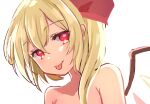  1girl :p bangs blonde_hair closed_mouth crystal eyebrows_visible_through_hair flandre_scarlet hair_between_eyes hair_ribbon head_tilt looking_at_viewer no_hat no_headwear no_pupils nude one_side_up paragasu_(parags112) red_eyes red_ribbon ribbon short_hair simple_background smile solo tongue tongue_out touhou upper_body white_background wings 