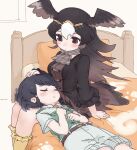  2girls bed bird_girl bird_tail bird_wings black_hair black_jacket blush brown_eyes brown_hair brown_scarf brown_shirt captain_(kemono_friends) circlet closed_eyes collared_shirt frilled_legwear frilled_sleeves frills green_shirt head_wings highres jacket kemono_friends kemono_friends_3 khakis lap_pillow long_hair long_sleeves looking_at_another multicolored_hair multiple_girls no_hat no_headwear scarf shirt short_hair short_sleeves shorts sitting sleeping socks striated_caracara_(kemono_friends) striped striped_scarf tail toxicnyannyan two-tone_hair two-tone_shirt uniform white_hair wings yellow_legwear 