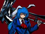  1girl animal_ears ascot blue_hair blue_suit collared_shirt earclip expressionless floppy_ears formal gloves hair_between_eyes holding holding_weapon long_hair looking_at_viewer mallet open_mouth over_shoulder rabbit_ears red_ascot red_background red_eyes seiran_(touhou) shirt simple_background solo suit suit_jacket touhou upper_body weapon weapon_over_shoulder weedhollow_(dokuran) 