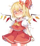  1girl ascot bangs blonde_hair blush closed_mouth collared_shirt cowboy_shot crystal eyebrows_visible_through_hair flandre_scarlet frown hair_between_eyes hair_ribbon looking_down medium_hair no_hat no_headwear nose_blush one_side_up paragasu_(parags112) puffy_short_sleeves puffy_sleeves red_armband red_eyes red_ribbon red_skirt red_vest ribbon shirt short_sleeves side_ponytail simple_background skirt skirt_set solo standing sweatdrop touhou v-shaped_eyebrows vest white_background white_shirt wings yellow_ascot 