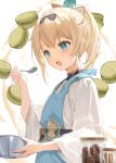  1girl ascot bangs blonde_hair blue_ascot blue_eyes blush bowl eyebrows_visible_through_hair food hair_ribbon hana_mori highres holding holding_bowl holding_spoon hololive jar kazama_iroha long_sleeves looking_away open_mouth ponytail ribbon shirt short_hair solo spoon upper_body virtual_youtuber white_shirt 