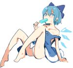  1girl adapted_costume arm_support bangs bare_arms bare_legs bare_shoulders barefoot blue_bow blue_dress blue_eyes blue_hair blush bow cirno collarbone dress eating eyebrows_visible_through_hair feet flat_chest food full_body hair_between_eyes hair_bow holding holding_food hot ice ice_wings looking_at_viewer panties pantyshot paragasu_(parags112) popsicle short_hair simple_background sitting solo strap_slip touhou underwear white_background white_panties wings 