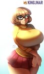 1girl breasts brown_eyes brown_hair curvy glasses highres huge_breasts kingjnar large_breasts looking_at_viewer scooby-doo short_hair skirt solo sweater thick_thighs thighs velma_dace_dinkley white_background 