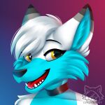  anthro blue_body blue_fur bust_portrait canid canine choker digital_media_(artwork) digital_painting_(artwork) fur gradient_background hi_res jewelry kiwifox_(artist) lineless looking_at_viewer mammal multicolored_body multicolored_fur necklace open_mouth open_smile portrait shaded simple_background smile solo teeth_showing two_tone_body two_tone_fur watermark white_body white_fur yellow_eyes 