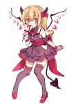  1girl back_bow bangs bare_shoulders black_dress black_legwear blush bow candy crystal demon_girl dress eyebrows_visible_through_hair flandre_scarlet food frilled_skirt frills full_body hair_between_eyes hair_bow highres horns laevatein_(tail) lollipop looking_to_the_side no_hat no_headwear paragasu_(parags112) red_bow sash short_dress sidelocks simple_background skirt solo tail touhou white_background wings 