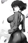  1girl absurdres ass back_cutout blush breasts clenched_teeth clothing_cutout dress from_side fubuki_(one-punch_man) highres large_breasts long_sleeves looking_away odyssey_21 one-punch_man short_hair simple_background solo spot_color sweat teeth 