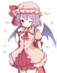  1girl ascot bangs bat_wings blush cowboy_shot dress expressionless eyebrows_visible_through_hair frilled_shirt_collar frills hat looking_at_viewer mob_cap one_eye_closed paragasu_(parags112) pink_dress pink_headwear puffy_short_sleeves puffy_sleeves purple_hair red_ascot red_eyes remilia_scarlet short_hair short_sleeves simple_background solo standing touhou white_background wings 